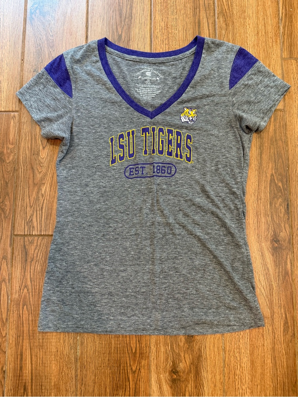 Colosseum Gray V-Neck LSU Tigers Tee with Purple Trim